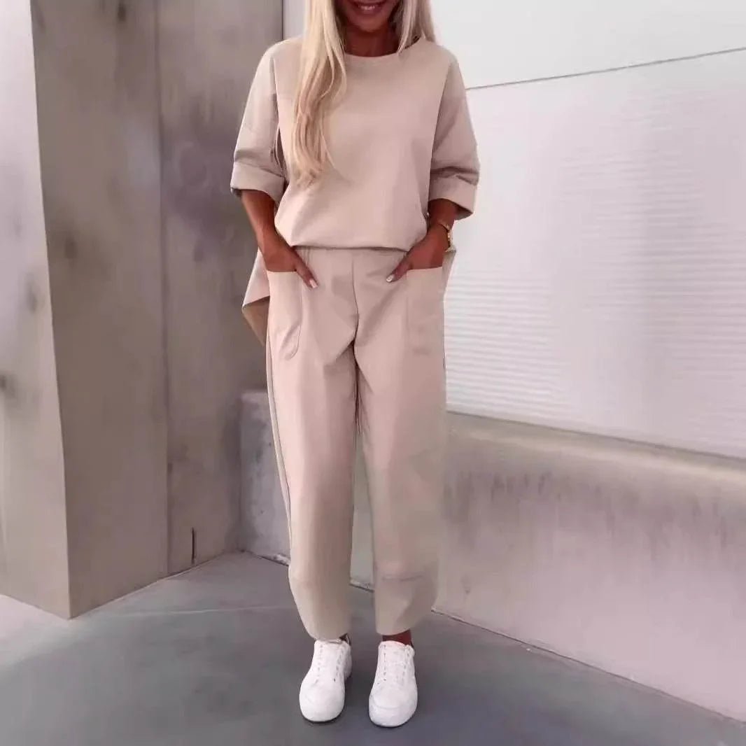 Two - piece Solid Color Round Neck Cropped Pants Set - Pre2brand