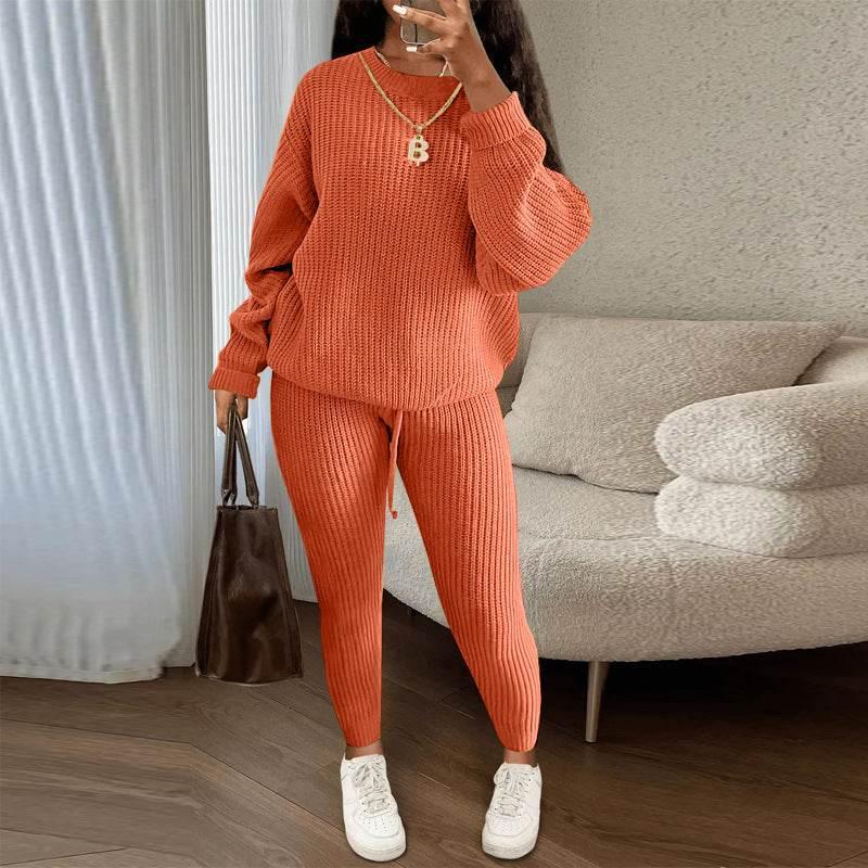 Winter Ribbed Knit Suits Fashion Loose Pullover Sweater Top And Drawstring Pants For Women Trouser Set Clothing - Pre2brand