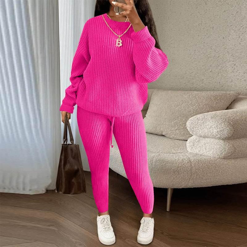 Winter Ribbed Knit Suits Fashion Loose Pullover Sweater Top And Drawstring Pants For Women Trouser Set Clothing - Pre2brand