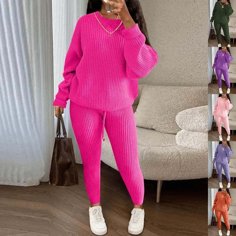 Winter Ribbed Knit Suits Fashion Loose Pullover Sweater Top And Drawstring Pants For Women Trouser Set Clothing - Pre2brand