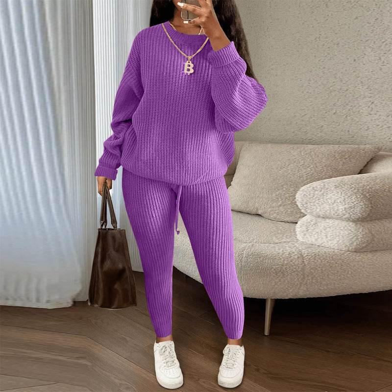 Winter Ribbed Knit Suits Fashion Loose Pullover Sweater Top And Drawstring Pants For Women Trouser Set Clothing - Pre2brand