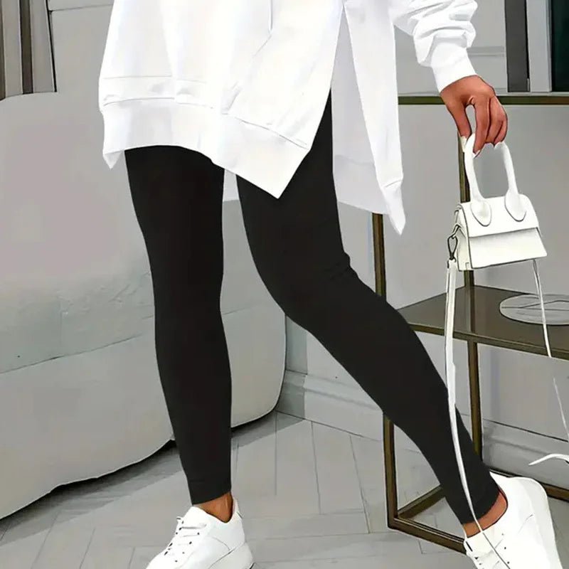 Women's Casual 2 - Piece Set Solid Color Leggings & Letter Print Pocket Drawstring Hooded Sweatshirt With Split Hem Spring Fall Fashion Outfit - Pre2brand