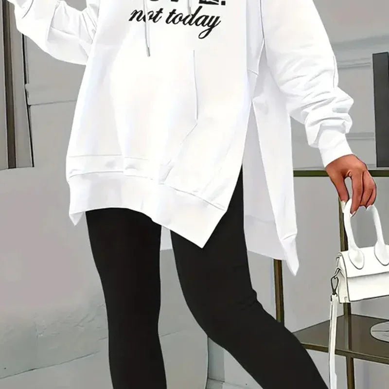 Women's Casual 2 - Piece Set Solid Color Leggings & Letter Print Pocket Drawstring Hooded Sweatshirt With Split Hem Spring Fall Fashion Outfit - Pre2brand