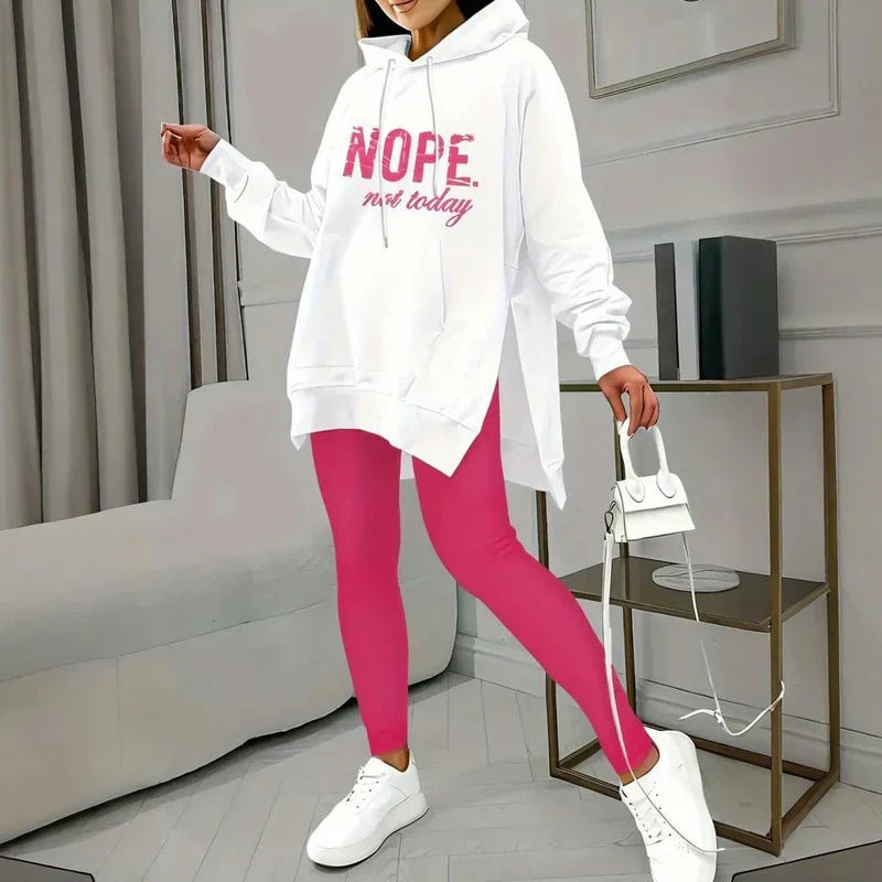 Women's Casual 2 - Piece Set Solid Color Leggings & Letter Print Pocket Drawstring Hooded Sweatshirt With Split Hem Spring Fall Fashion Outfit - Pre2brand