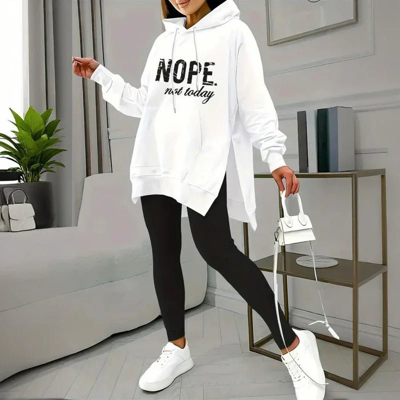 Women's Casual 2 - Piece Set Solid Color Leggings & Letter Print Pocket Drawstring Hooded Sweatshirt With Split Hem Spring Fall Fashion Outfit - Pre2brand