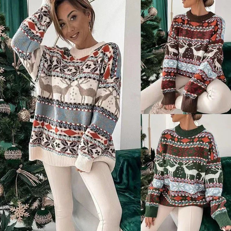 Women's Fashion Round Neck Loose Christmas Theme Jacquard Long Sleeve Sweater - Pre2brand