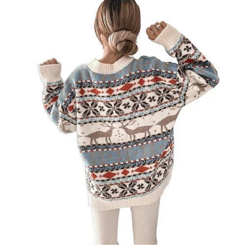 Women's Fashion Round Neck Loose Christmas Theme Jacquard Long Sleeve Sweater - Pre2brand
