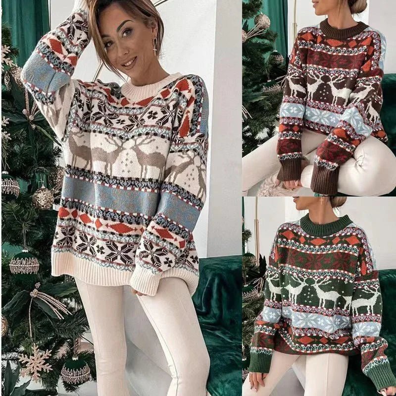 Women's Fashion Round Neck Loose Christmas Theme Jacquard Long Sleeve Sweater - Pre2brand