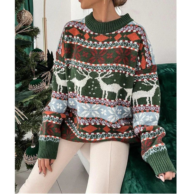 Women's Fashion Round Neck Loose Christmas Theme Jacquard Long Sleeve Sweater - Pre2brand