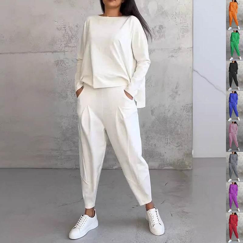 Women's Irregular Suit Long - sleeved Round Neck Top And Loose Harem Pants With Pockets Ins Fashion Trousers Set Women's Clothing - Pre2brand