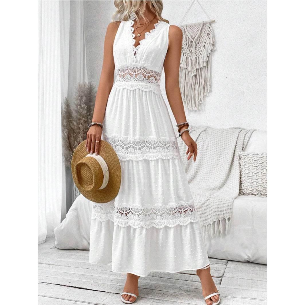 Women's Lace Stitching V - neck Sleeveless Dress - Pre2brand