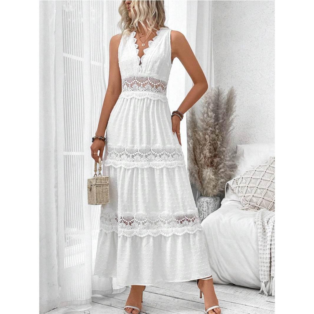 Women's Lace Stitching V - neck Sleeveless Dress - Pre2brand