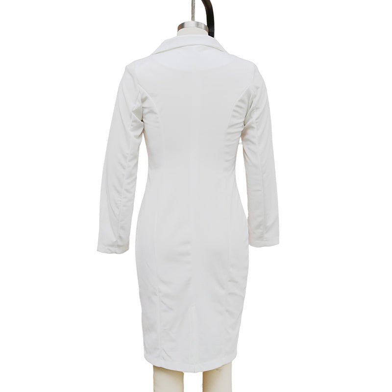 Women's Solid Color Notch Lapel Dress Long Sleeve Button Front Midi Dress For Office & Formal Wear - Pre2brand