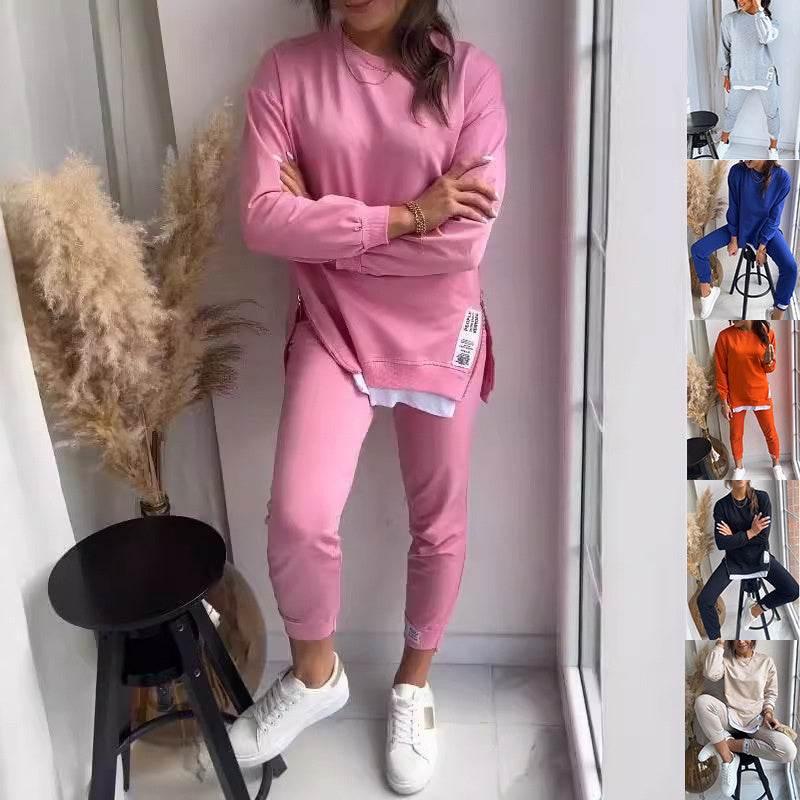 Women's Sports Suit Fashion Slit Design Sweatshirt Top And Slim - fit Trousers Sweatpants Casual Two Piece Set Outfit - Pre2brand