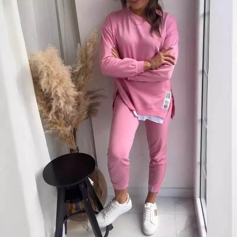 Women's Sports Suit Fashion Slit Design Sweatshirt Top And Slim - fit Trousers Sweatpants Casual Two Piece Set Outfit - Pre2brand