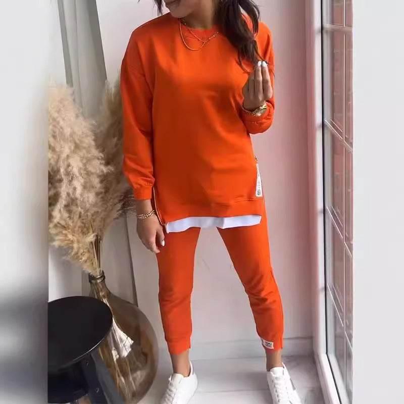 Women's Sports Suit Fashion Slit Design Sweatshirt Top And Slim - fit Trousers Sweatpants Casual Two Piece Set Outfit - Pre2brand